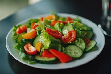 A plate of mixed greens with sliced tomatoes and cucumbers, great for lunch or dinner