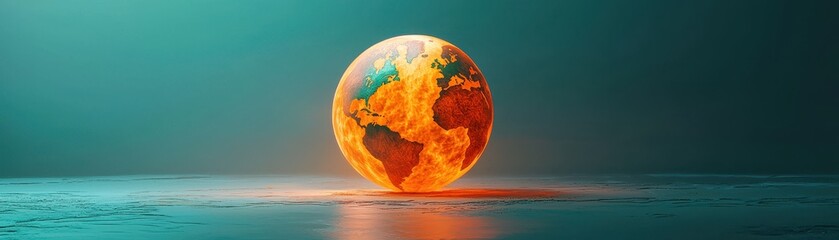 A glowing, stylized globe sits on a reflective surface, with vibrant colors representing land and water, set against a soft, atmospheric background.