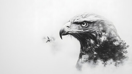 Fototapeta premium Double exposure of a Eagle head with a forest landscape overlay, concept for ecology and climate change