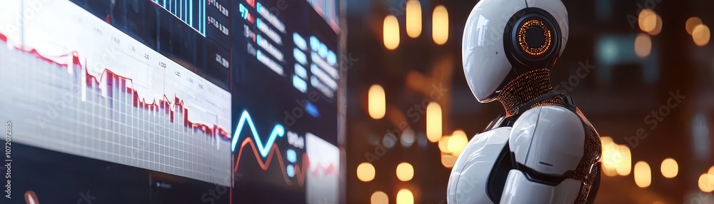 Poster a futuristic robot interacts with a digital display featuring charts and data, illustrating a blend 