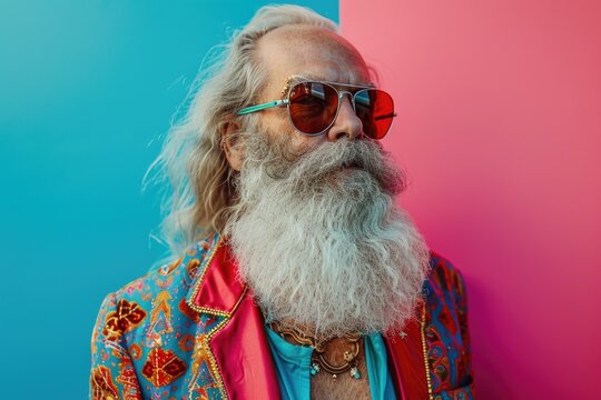 A man with a long white beard and sunglasses, perfect for a winter scene or a holiday character