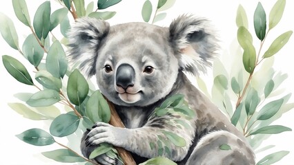 Fototapeta premium Cute koala, relaxed mood, hugging a branch surrounded by leaves in a watercolor style