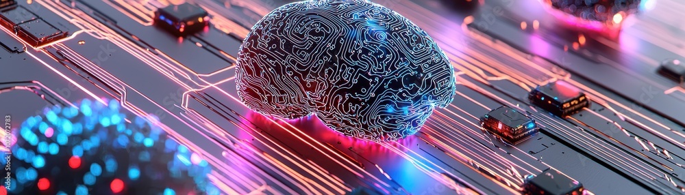 Poster ai brains, a digitally created image depicting a stylized brain on a circuit board, emphasizing the 