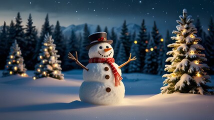 Obraz premium Snowy landscape with illuminated Christmas trees and a cute snowman, creating a magical holiday atmosphere. snowy Christmas, snowman, holiday lights, festive atmosphere, magical scene.