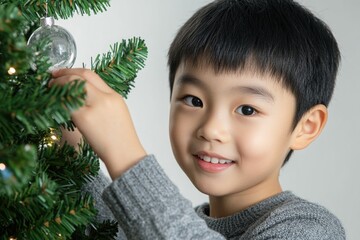 A young boy decorates a festive Christmas tree with ornaments and lights