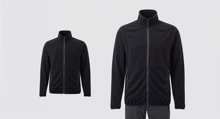Black zip up fleece jacket with stand up collar and side pockets display on plain white background
