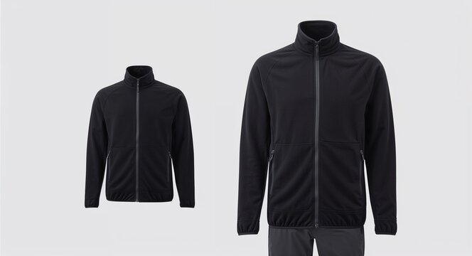 Black zip up fleece jacket with stand up collar and side pockets display on plain white background