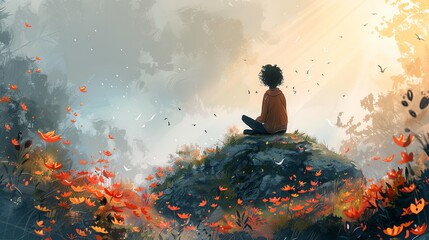 Obraz premium A person sits peacefully on a large rock in the middle of a quiet forest, eyes closed, hands resting on their knees. The only sound is the gentle rustling of leaves and birds singing nearby