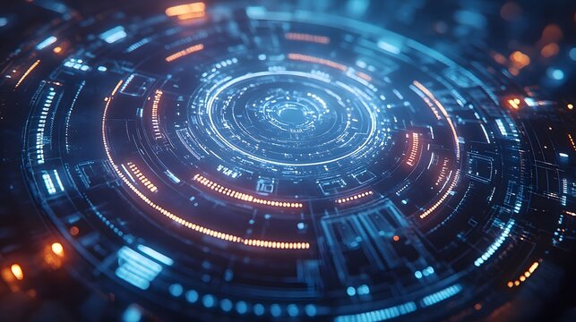 A glowing white circular tech interface with intricate gears and digital circuits on a deep blue background, featuring a futuristic cybernetic HUD display with ethereal lighting.