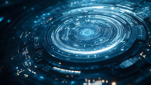 A glowing white circular tech interface with intricate gears and digital circuits on a deep blue background, featuring a futuristic cybernetic HUD display with ethereal lighting.