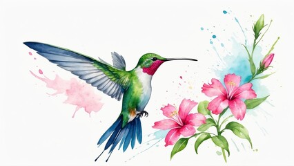 Vibrant hummingbird, joyful mood, hovering near flowers in a watercolor style