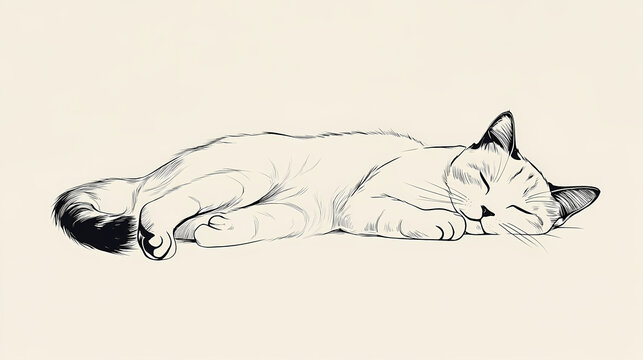 Cute hand-drawn illustration of a sleeping cat, minimalist black and white art highlighting simple lines and cozy feline relaxation. Minimalist. Illustration