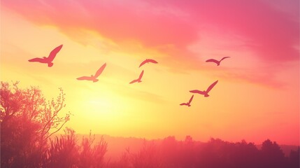 Fototapeta premium Radiant Soaring Silhouettes during sunset with warm, golden light illuminating graceful birds in flight, their silhouettes sharply defined against a vibrant sky. 