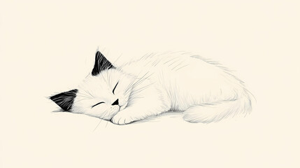 Cute hand-drawn illustration of a sleeping cat, minimalist black and white art highlighting simple lines and cozy feline relaxation. Minimalist. Illustration