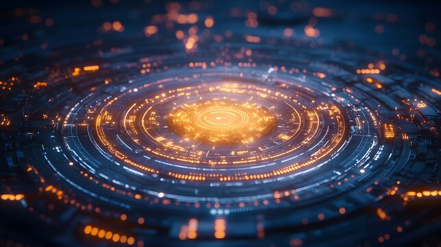 A glowing white circular tech interface with intricate gears and digital circuits on a deep blue background, featuring a futuristic cybernetic HUD display with ethereal lighting.