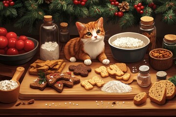 Cozy Cat with Holiday Baking Ingredients on Table