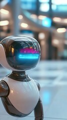 Fototapeta premium Futuristic robot with reflective helmet displays vibrant blue interface, standing in a modern, blurred interior with soft lighting and bokeh effects.