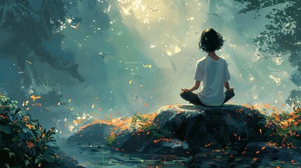 Fototapeta premium A person sits peacefully on a large rock in the middle of a quiet forest, eyes closed, hands resting on their knees. The only sound is the gentle rustling of leaves and birds singing nearby