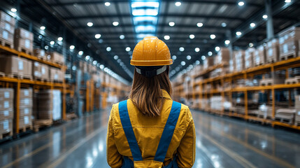 worker stands with their back turned, wearing a protective helmet and high-visibility vest, symbolizing diligence, resilience, and safety. The photo captures commitment, responsibility, and the streng