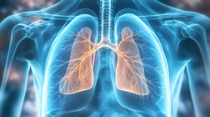 A detailed chest X-ray image is displayed, revealing the intricate structures of lungs and heart, with blurred medical equipment providing context without distraction. 