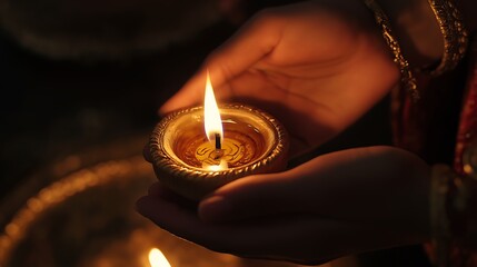 Hands lighting a diya with oil, close-up, traditional Festival of Lights moment.