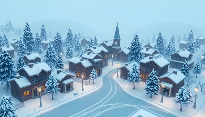 Cute snowy village in winter, christmas night vibes