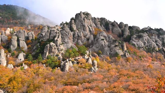 Explore the stunning autumn landscapes and rock formations of the Changbai Mountains in northeastern China during the fall season