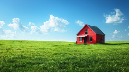 Lonely house on green grassland under blue skys