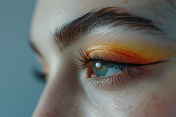 A close-up shot of a woman's eye with vibrant orange and yellow makeup