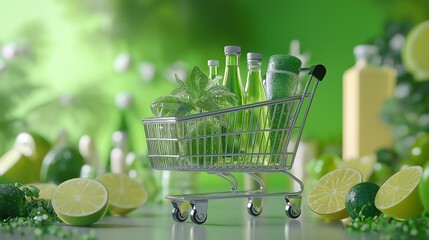 Close-up of shopping cart with eco-friendly products, Green Monday sale, vibrant background.