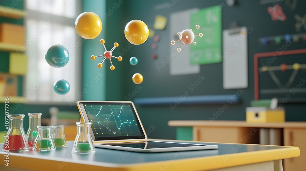 Poster A 3D school classroom setup with a tablet on a desk and floating 2D science icons like atoms and test tubes above, representing interactive science education, 4k resolution, ultra-realistic,