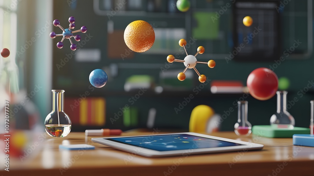 Aufkleber a 3d school classroom setup with a tablet on a desk and floating 2d science icons like atoms and tes