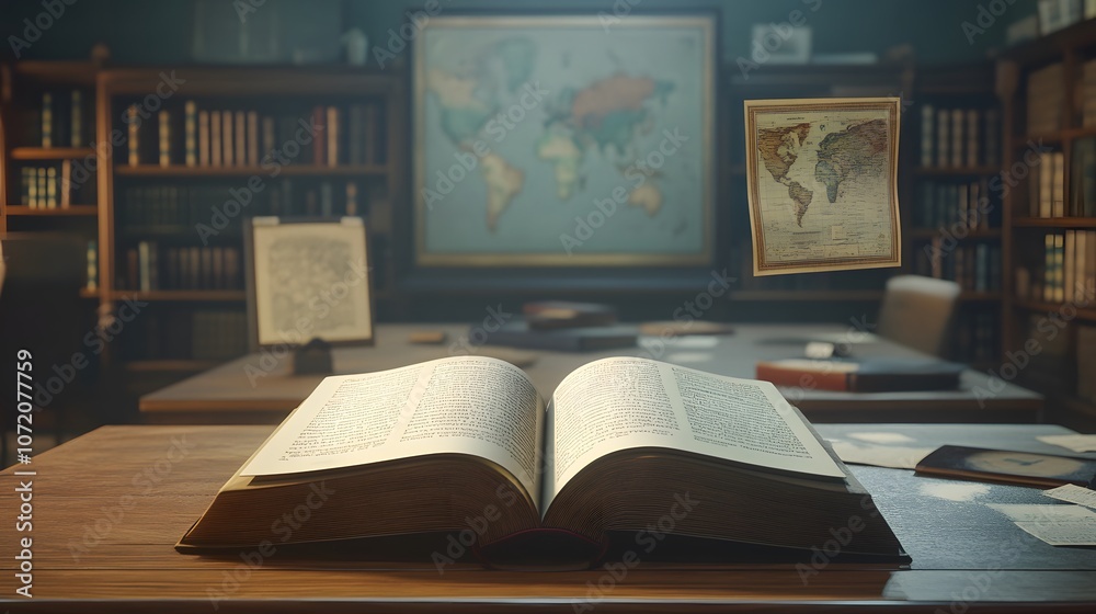 Poster A school setting with a 3D open book on the desk and floating 2D historical icons like maps and timelines, representing history class, 4k resolution, ultra-realistic, uncluttered background