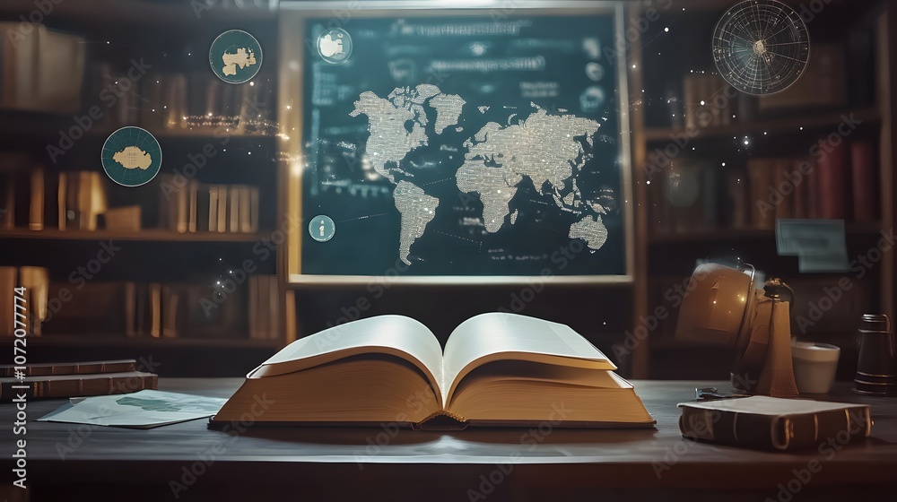 Poster A school setting with a 3D open book on the desk and floating 2D historical icons like maps and timelines, representing history class, 4k resolution, ultra-realistic, uncluttered background
