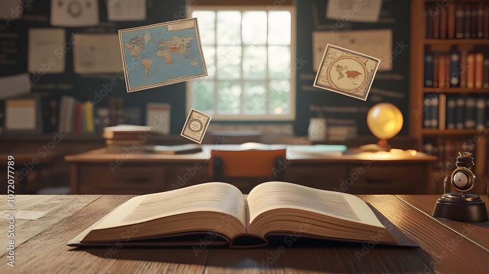 Poster A school setting with a 3D open book on the desk and floating 2D historical icons like maps and timelines, representing history class, 4k resolution, ultra-realistic, uncluttered background