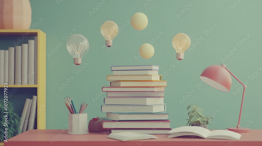 Poster a minimalist school desk with a 3d stack of textbooks and floating 2d learning icons like light bulb