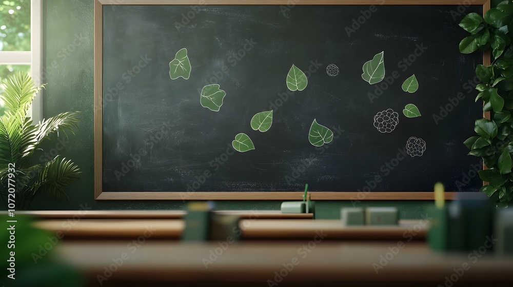 Poster a 3d blackboard in a classroom with floating 2d icons for biology like leaves and cells, representin