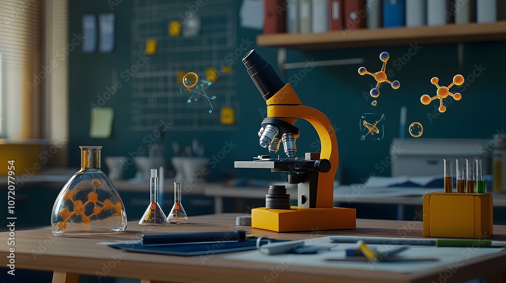Poster A school desk with a 3D microscope and 2D floating science icons like DNA and molecules, symbolizing a science experiment setting, 4k resolution, ultra-realistic, uncluttered background