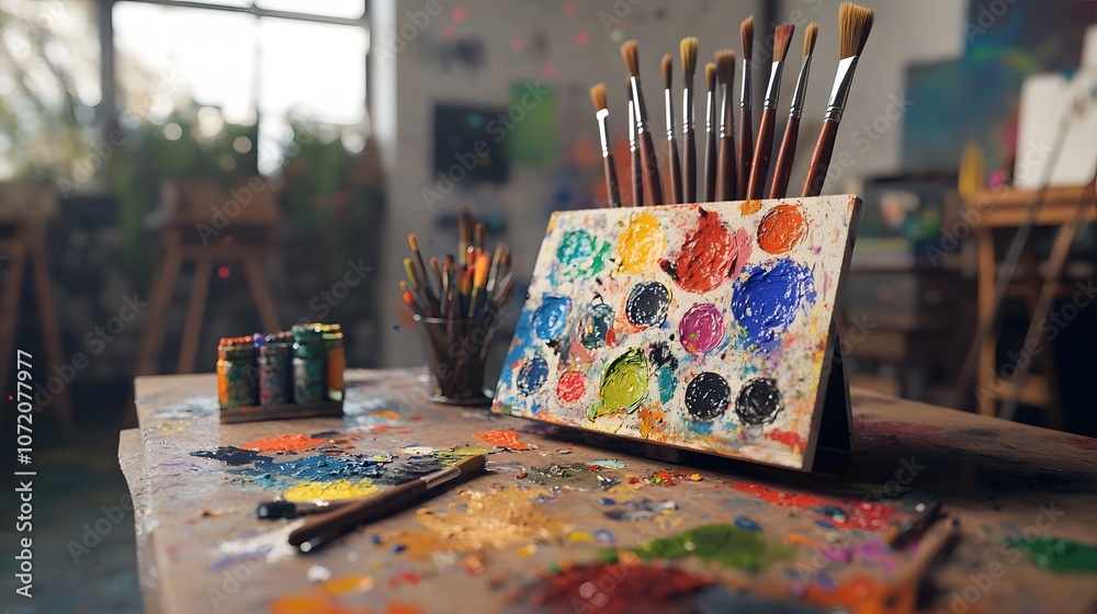 Aufkleber A 3D art palette on a desk with floating 2D icons of paintbrushes and color splashes, ideal for an art class environment, 4k resolution, ultra-realistic, uncluttered background