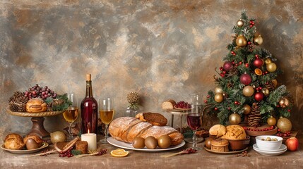 Obraz premium Christmas Feast With Bread, Wine, Fruit, Soup And Traditional Desserts on the Rustic Red Table.