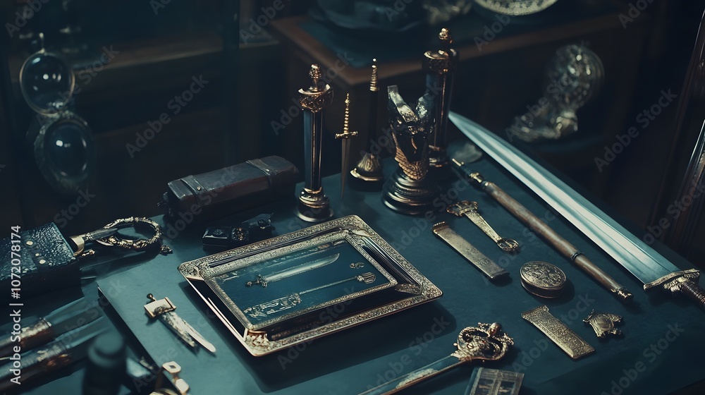 Poster A desk with a 3D tablet and 2D floating history icons like ancient artifacts and swords, ideal for history learning, 4k resolution, ultra-realistic, uncluttered background