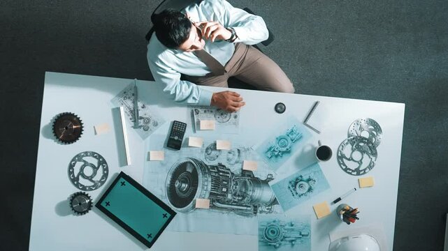 Top view of engineer looking at phone while working on tablet with green screen at meeting table with turbine engine or jet engine sketch design and various metal gear scatter around. Alimentation.