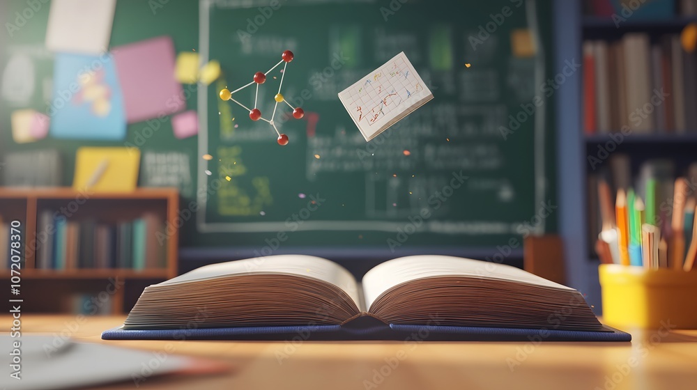 Poster a 3d math book on a school desk with floating 2d trigonometry symbols, symbolizing advanced math stu