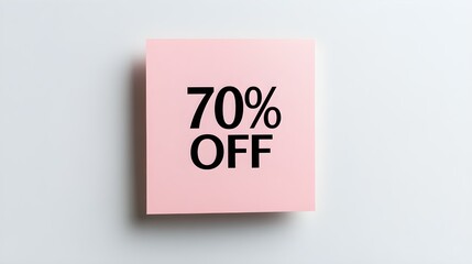 Black '70% OFF' Text on a Light Pink Square Paper Note. White Background with Copy Space