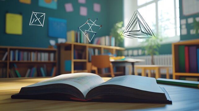 A 3D math book on a school desk with floating 2D trigonometry symbols, symbolizing advanced math studies, 4k resolution, ultra-realistic, uncluttered background