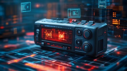 A 3D military radio set with floating 2D communication icons like signal bars and encrypted messages, symbolizing secure communications, 4k resolution, ultra-realistic, uncluttered background