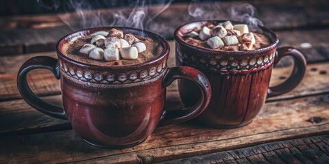 Two Rustic Mugs Filled With Steaming Hot Chocolate Topped with Marshmallows on a Weathered Wooden Table