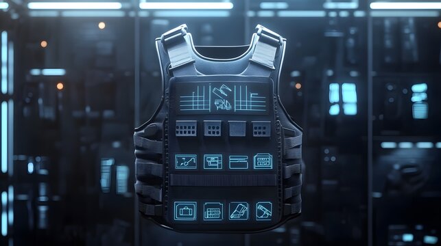 A 3D bulletproof vest with 2D protection level and durability icons, representing personal protective gear, 4k resolution, ultra-realistic, uncluttered background