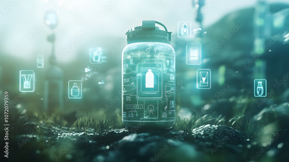 Poster a 3d canteen with floating 2d hydration and health icons, symbolizing field readiness and survival, 