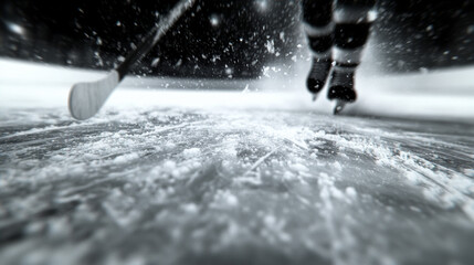 Obraz premium Low angle view of a hockey player skating on the ice.